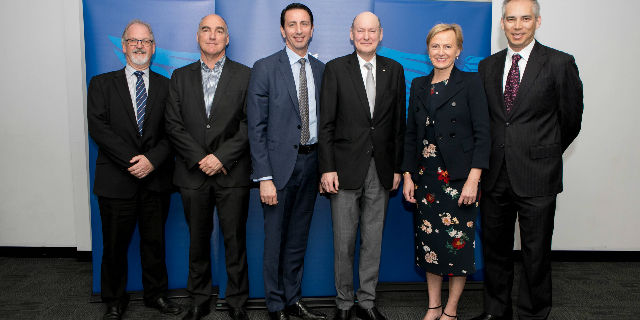 Photograph of Melbourne Dental School Head of School Mike Morgan, CSL Senior Vice President of Research Andrew Nash, University of Melbourne Vice-President (Enterprise) Doron Ben-Meir, COHR CEO & Director of Research Eric Reynolds, Member for Higgins Katie Allen and Brandon Capital Investment Manager Ingmar Wahlqvist at the launch of Denteric